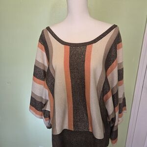Vintage Brown and Cream Off-the-Shoulder Sweater with Color-Block Design
